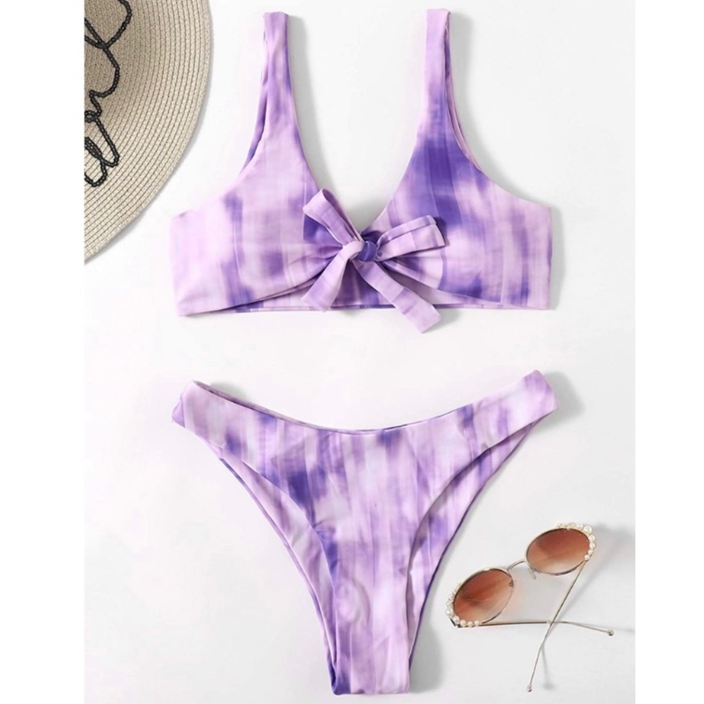 Sweaty Rocks Tie Knot Purple Tie Dye Cheeky High Cut Bikini Set